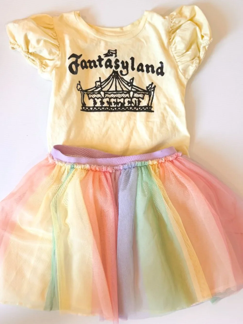 Disney Fantasyland Carousel T shirt‎ and rainbow skirt sister sets 8 & 10